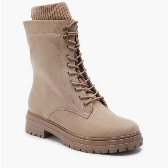 Portobello Khaki Tan Lace-Up Boots with Sock Top - Picture 3 of 5